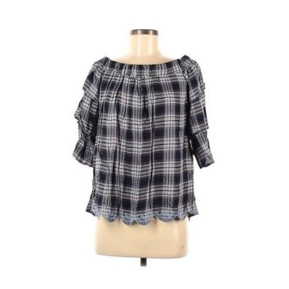 Francesca's Blue Rain Plaid Off Shoulder Ruffle Sleeve Blouse Navy Medium NWT - Picture 1 of 6